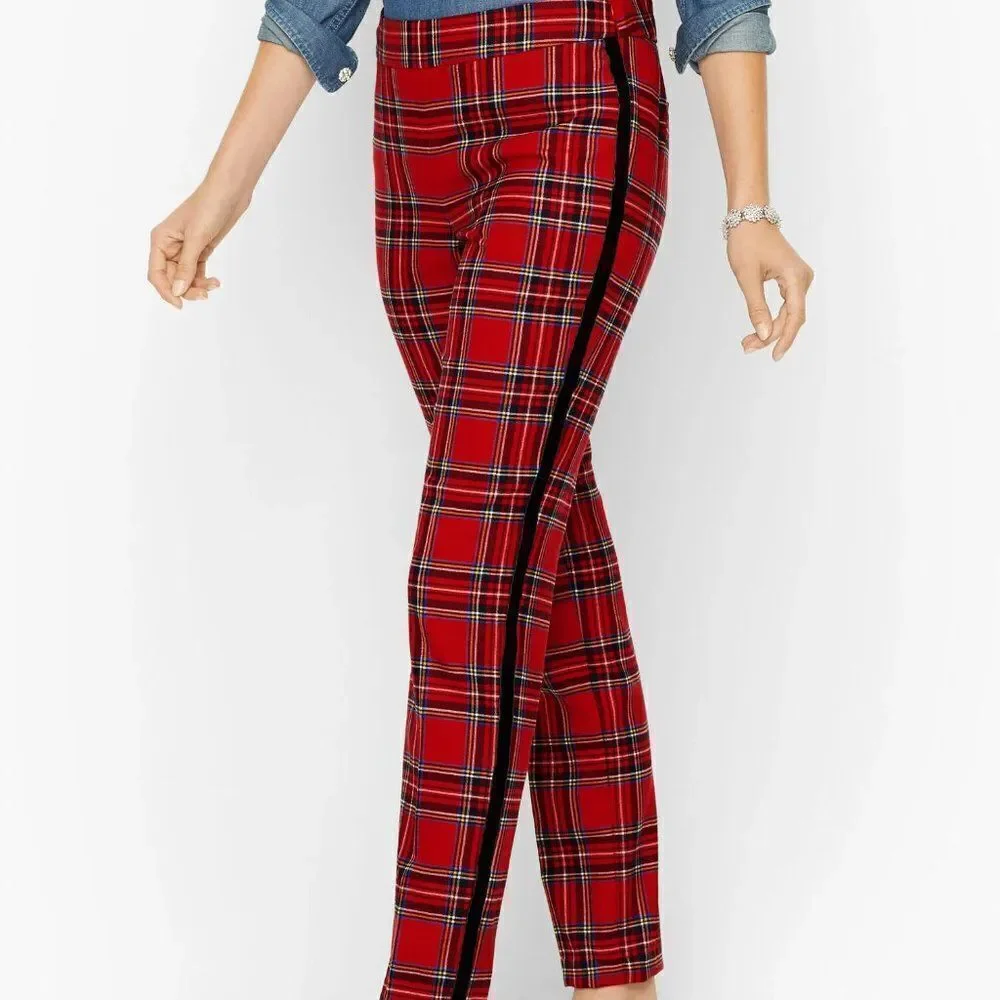 NWT Talbots Red Mountain Plaid Black Velvet Stripe Slim Ankle Pant Size 12P